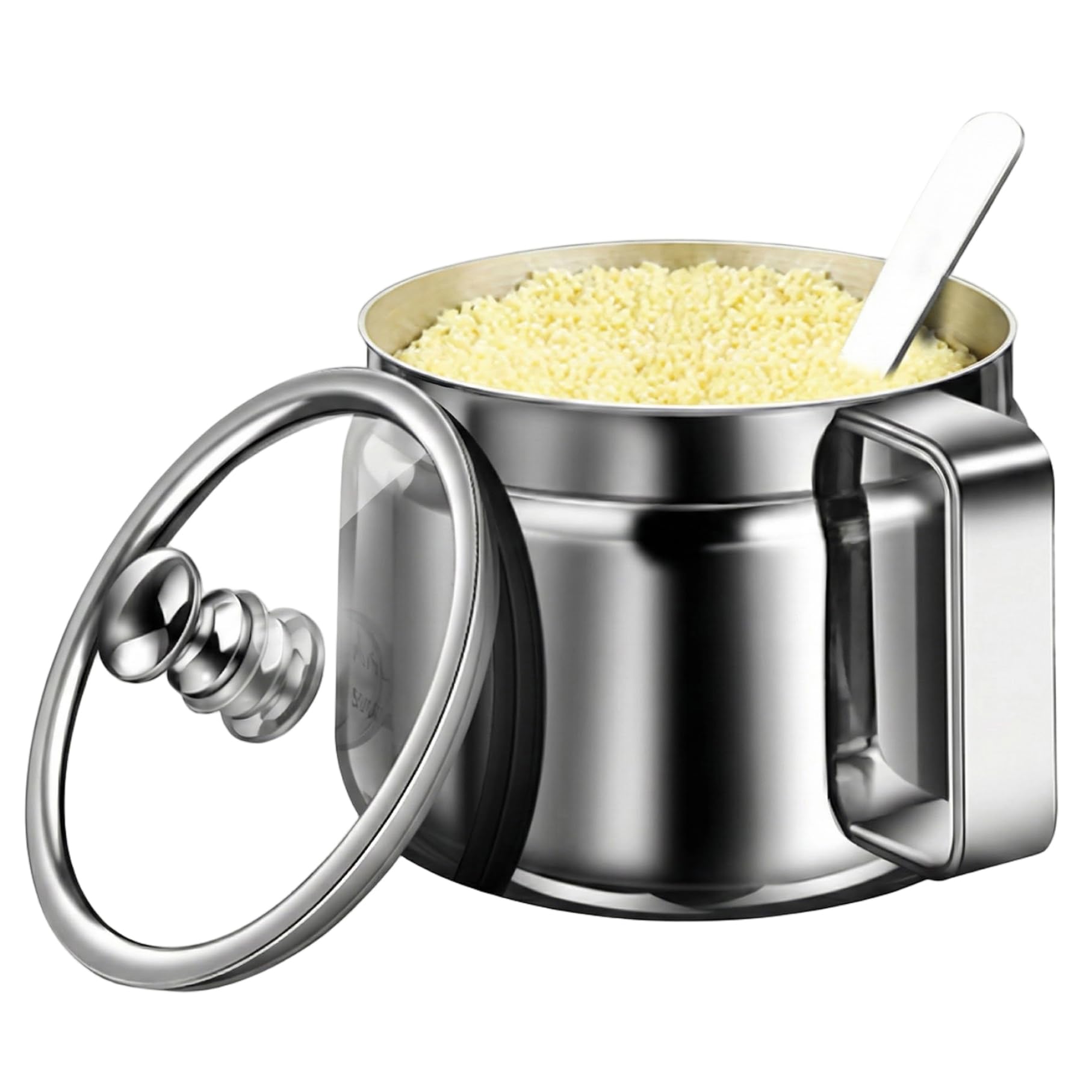 Uanqfegy Silver Stainless Steel Ghee Container 500Ml/17Oz, Seasoning Container With Clear Lid & Handle Spice Jar With Spoon For Kitchen