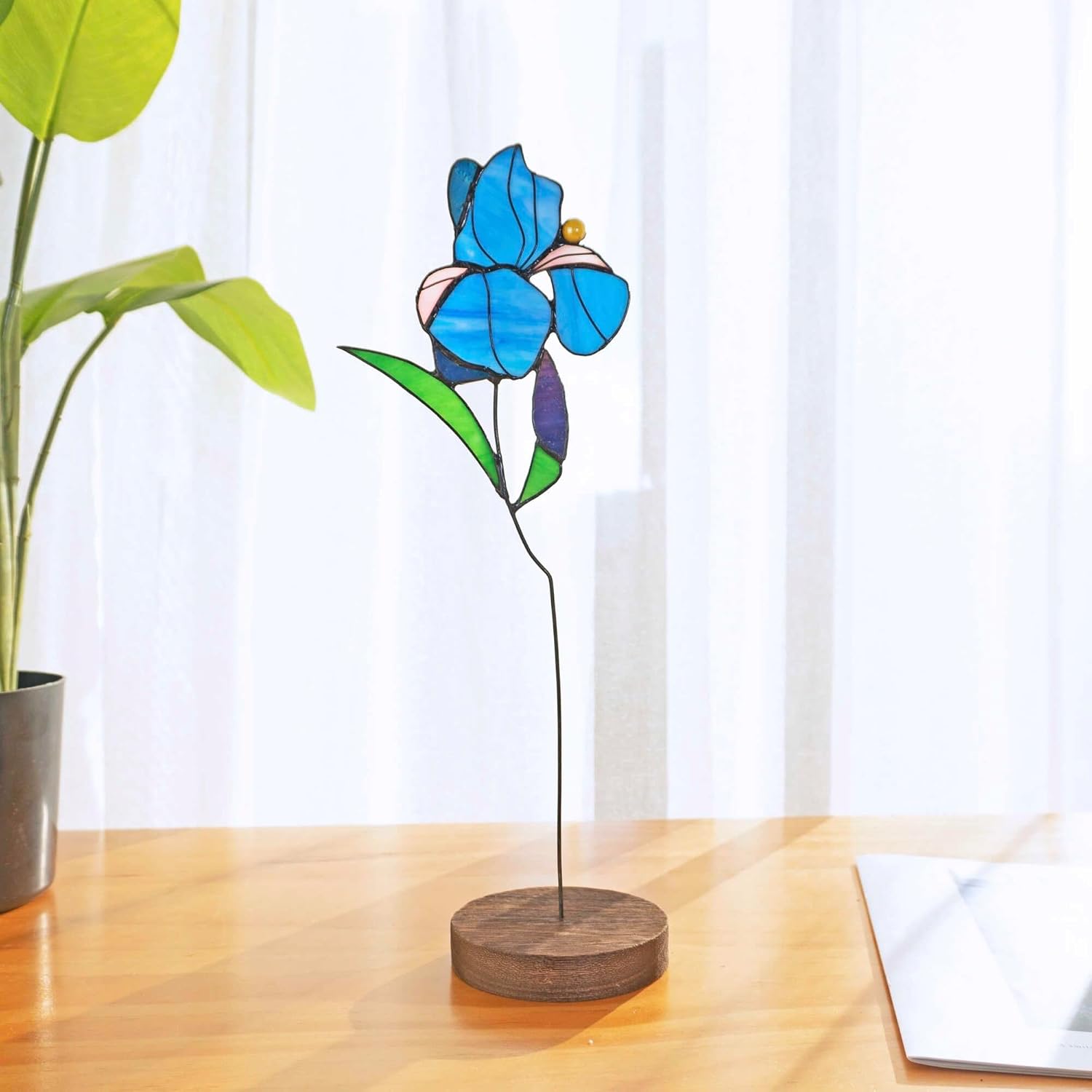 Blue Iris Flower Stained Glass suncatcher Stain Glass Flowers Botanical Art Leaves Plant Suncatcher Table Decor for Living Room Christmas