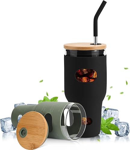 YULEER Vaso de agua de vidrio de 32 onzas con popotes y tapas, paquete de 2 vasos de boca ancha para batidos con funda protectora de silicona sin