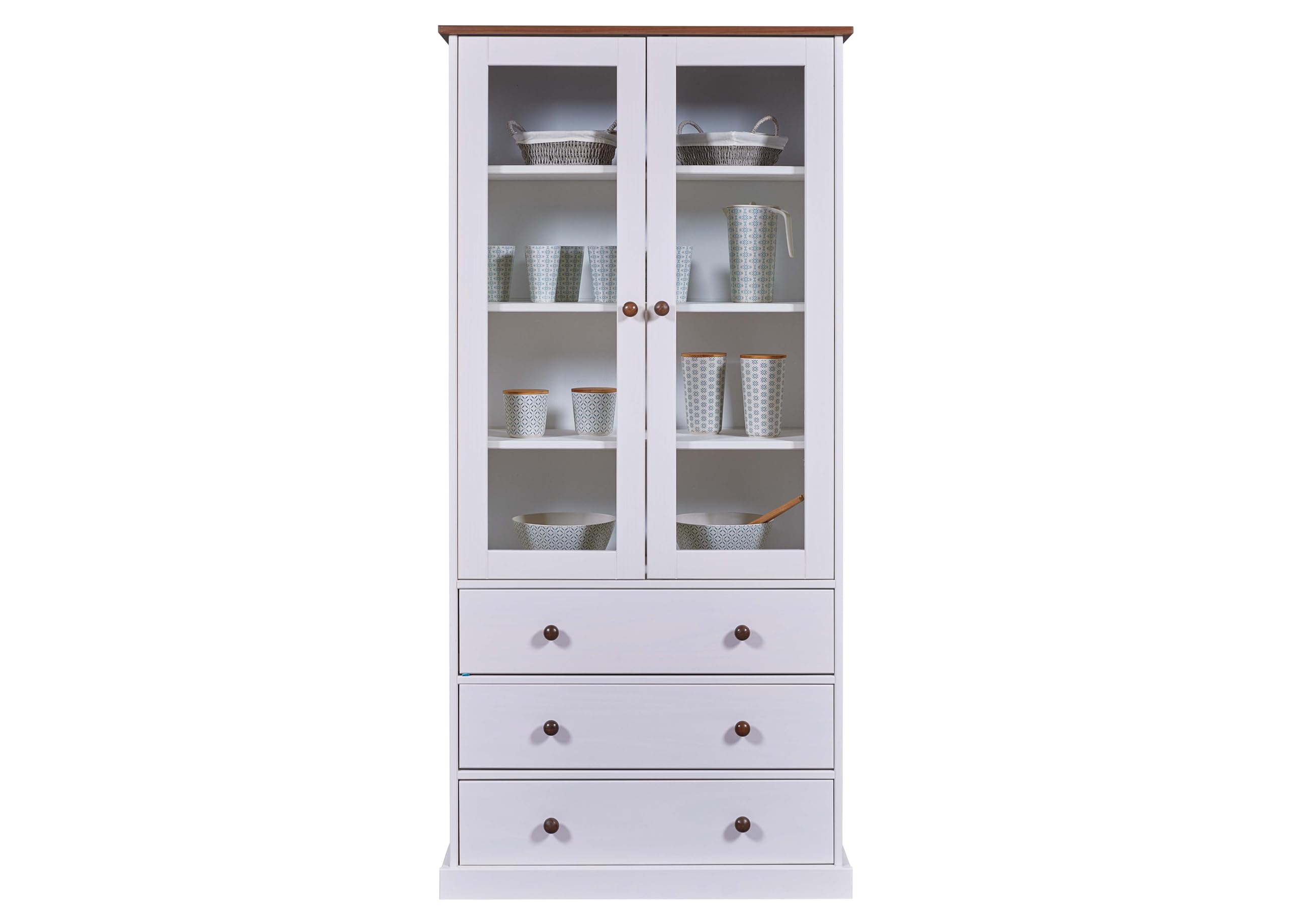 Inter Link – Vitrinenschrank – Buffet-Schrank - Geschirrschrank - Esszimmerschrank - Landhausstil – Vitrine - Kiefer - Massivholz FSC – 2 Türen – 3 Schubladen – 90 x 190 x 38 cm -Westerland 10 – Weiß
