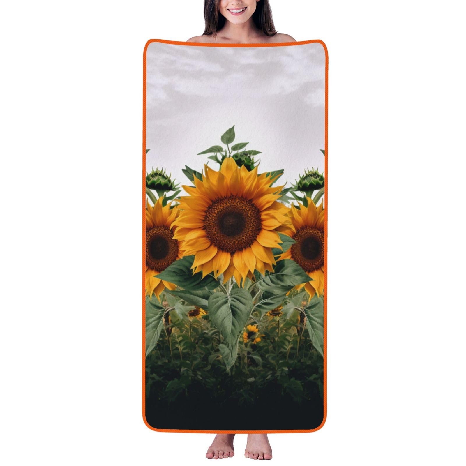 WPKJU Sunflowers Printed Bath Towel with Orange Edging - 27x55 in Soft Extra Absorbent Coral Velvet Shower Towels for Bathroom