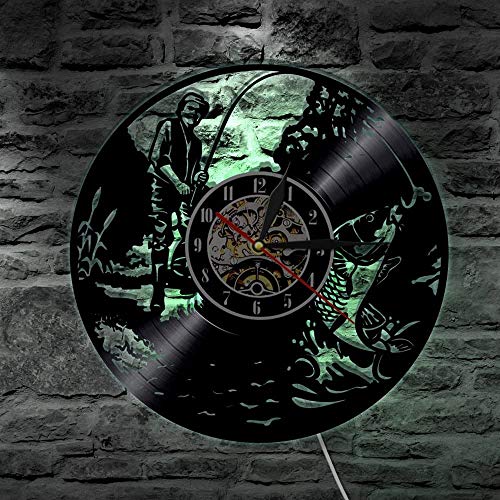 SMUER Reloj de Pared de Vinilo LED decoración de Estilo del Tema de la Pesca 3D habitación Familiar Sala Comedor diseño único del Regalo,Black