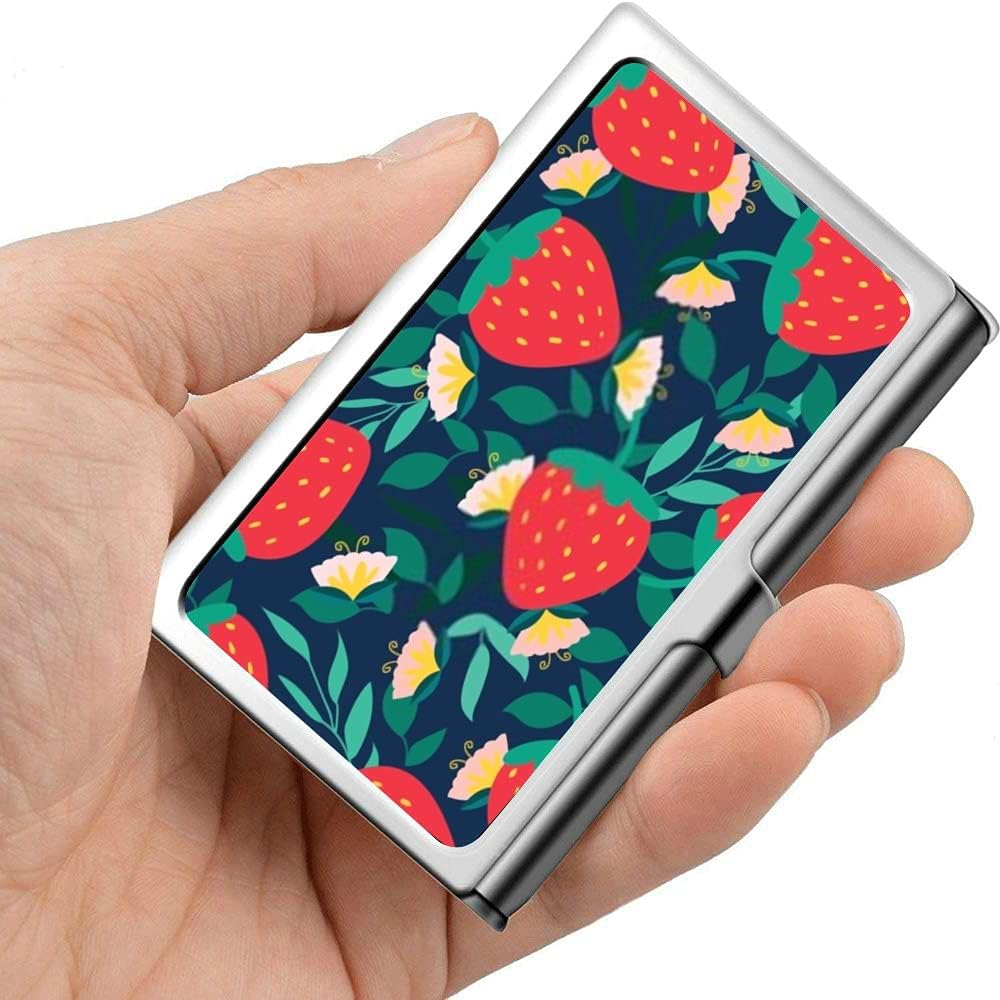 Professional Metal Business Card Cute Strawberry Flower Leave On Blue Holder Pocket Business Card Case Slim Business Card Carrier Business Card Holders Wallet for Men and Women