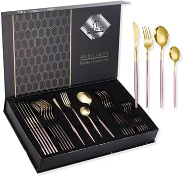 24 PCS 18/10 Stainless Steel Flatware Set, 6 X Dinner Forks, 6 X Dinner Knives, 6 X Dinner Spoons, 6 X Tea Spoons Service for 6, Dishwasher SafeSizeB,ColorRose Gold