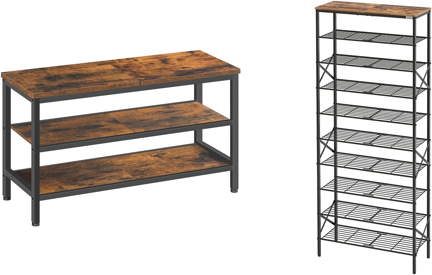 Wooden Shoe Bench, 3-Tier Industrial Shoe Storage Bench, Sturdy and Stable, for Entryway, HX06BR-SS10BR