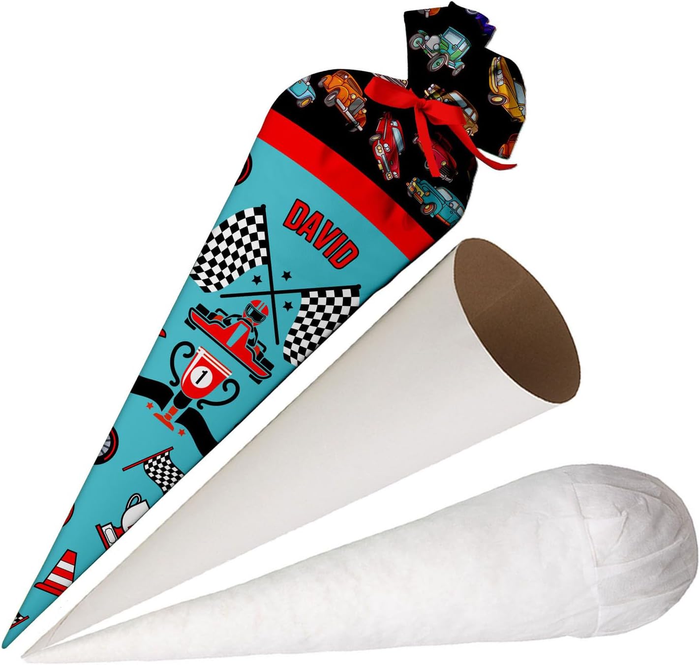 Ferocity School Cone Bag Car with Name for Boys, Personalized Bag, 70 cm Fabric Sugar Bag with Round Cardboard Blank and Filling, Large Bag as a Pillow [149]