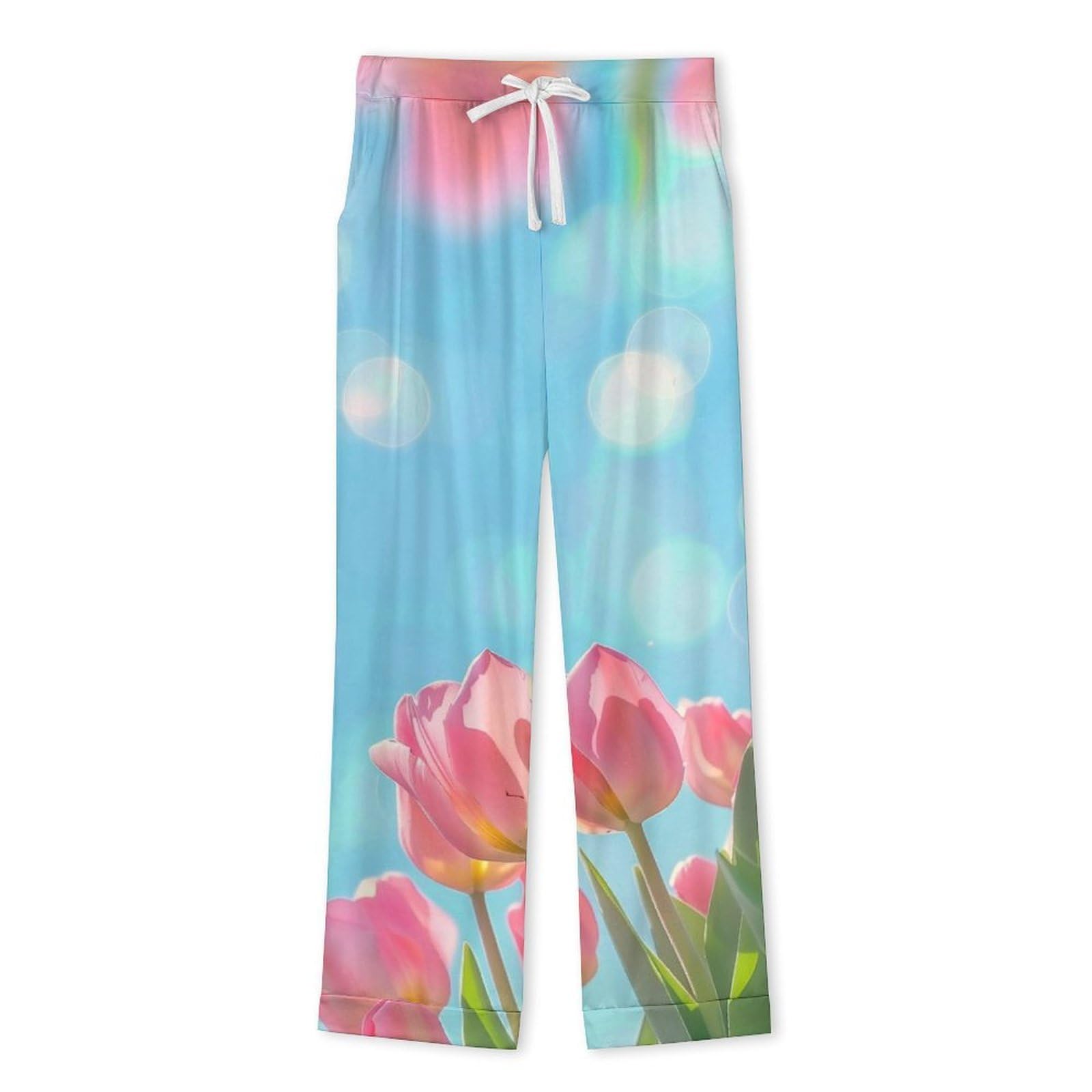 Pigiama da Uomo in Campi di Tulipani Rosa, Due Pezzi Set Completo con Camicia a Maniche Lunghe Bottoni e Pantaloni con Tasche Abbigliamento Casa Blu