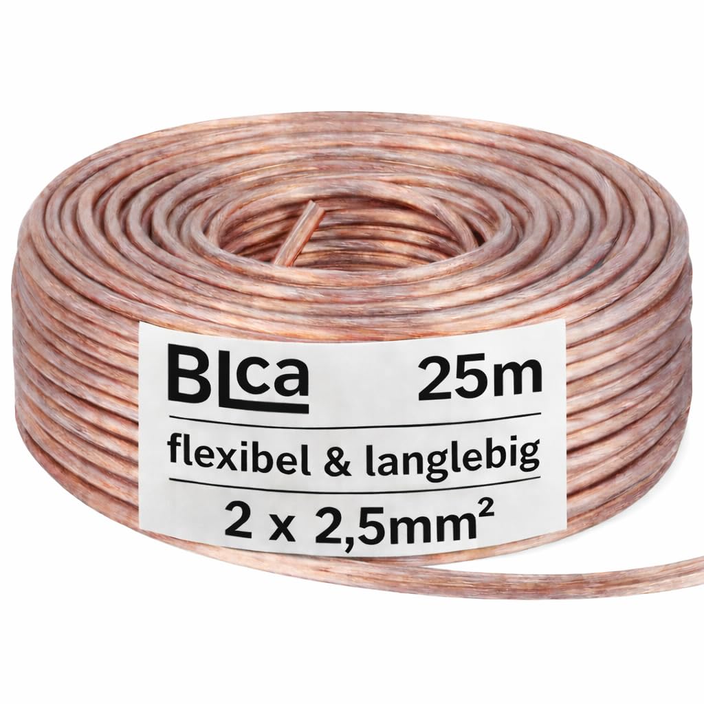 BLca 25m 2x2,5mm² Lautsprecherkabel CCA I Boxenkabel isoliert transparent mit Polaritätskennzeichnung I LS-Kabel als Meterware für Stereoanlage etc.