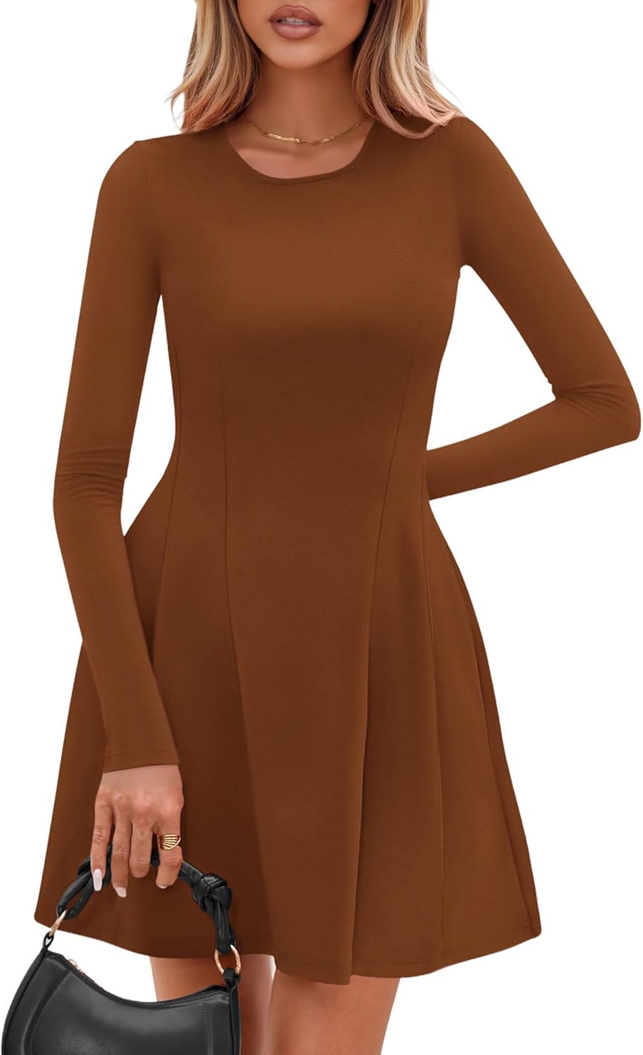 PRETTYGARDEN Long Sleeve Mini Dress for Women 2026 Spring Crewneck Knit Pleated Babydoll A Line Casual Short Party Dresses - Image 6