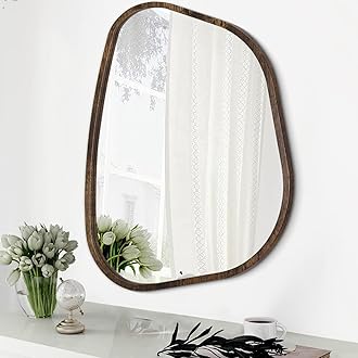 Asymmetrical Accent Mirror for Wall Irregular Oval Wood Frame Modern Unique Wall Mirror Decorative Boho Vanity Bathroom Living Room Bedroom Entryway Hallway Artistic Wavy Mirror Large 26"x18"