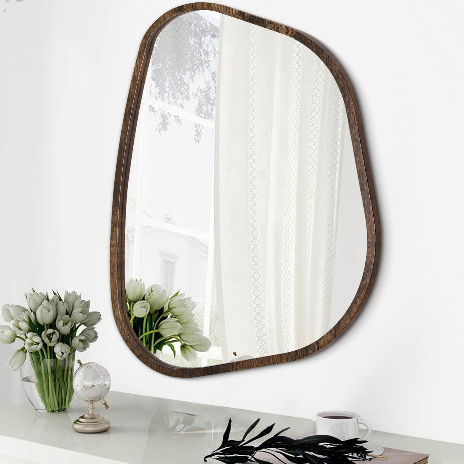 Asymmetrical Accent Mirror for Wall Irregular Oval Wood Frame Modern Unique Wall Mirror Decorative Boho Vanity Bathroom Living Room Bedroom Entryway Hallway Artistic Wavy Mirror Large 26"x18"