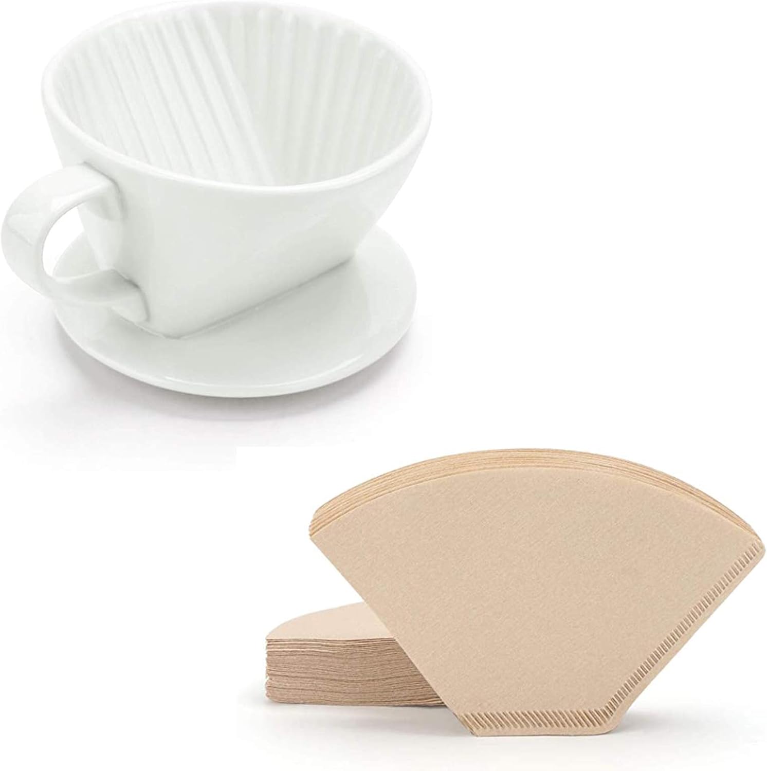 Ceramic Coffee Dripper and Filter Paper, Segarty 200 count #2 Coffee Filter Paper and 1 PC #2 Coffee Filter Cup with 3 Holes at Flat Bottom