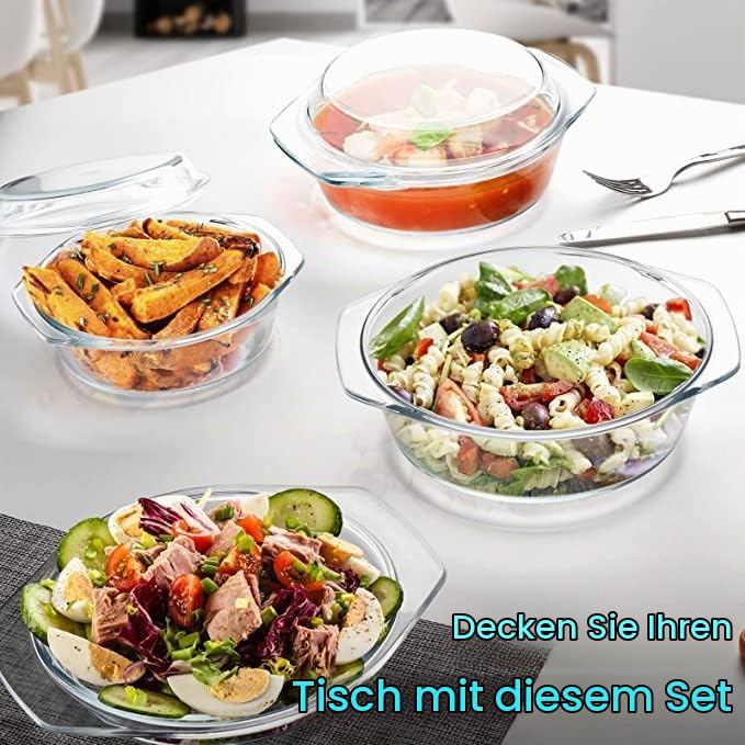 Runde Auflaufformen-Set aus Glas, 0,65 l, 1 l und 1,4 l, mit Deckel und Griffen