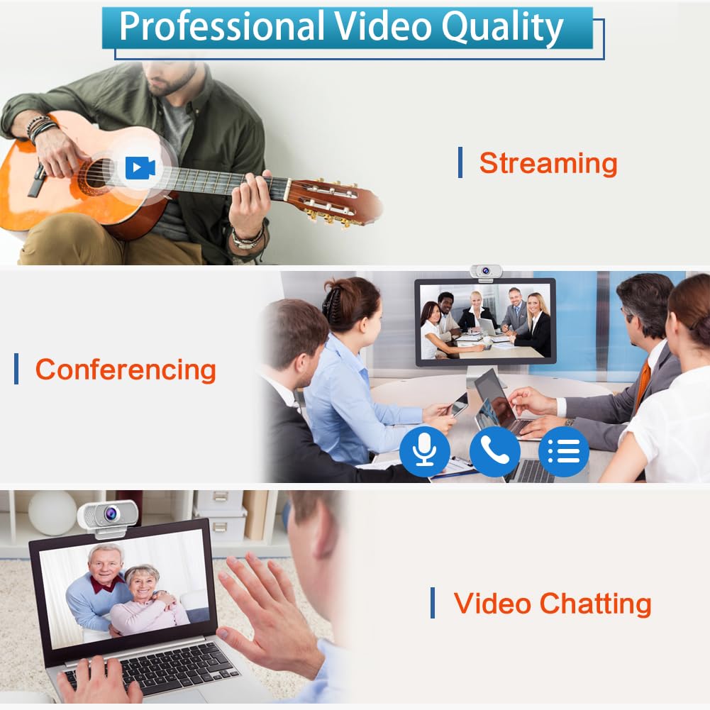 Webcam per PC, webcam HD 1080P con microfono, grandangolo a 110°, USB Plug & Play, cancellazione del rumore per videochiamate, streaming, giochi, otturatore per privacy integrato e treppiede