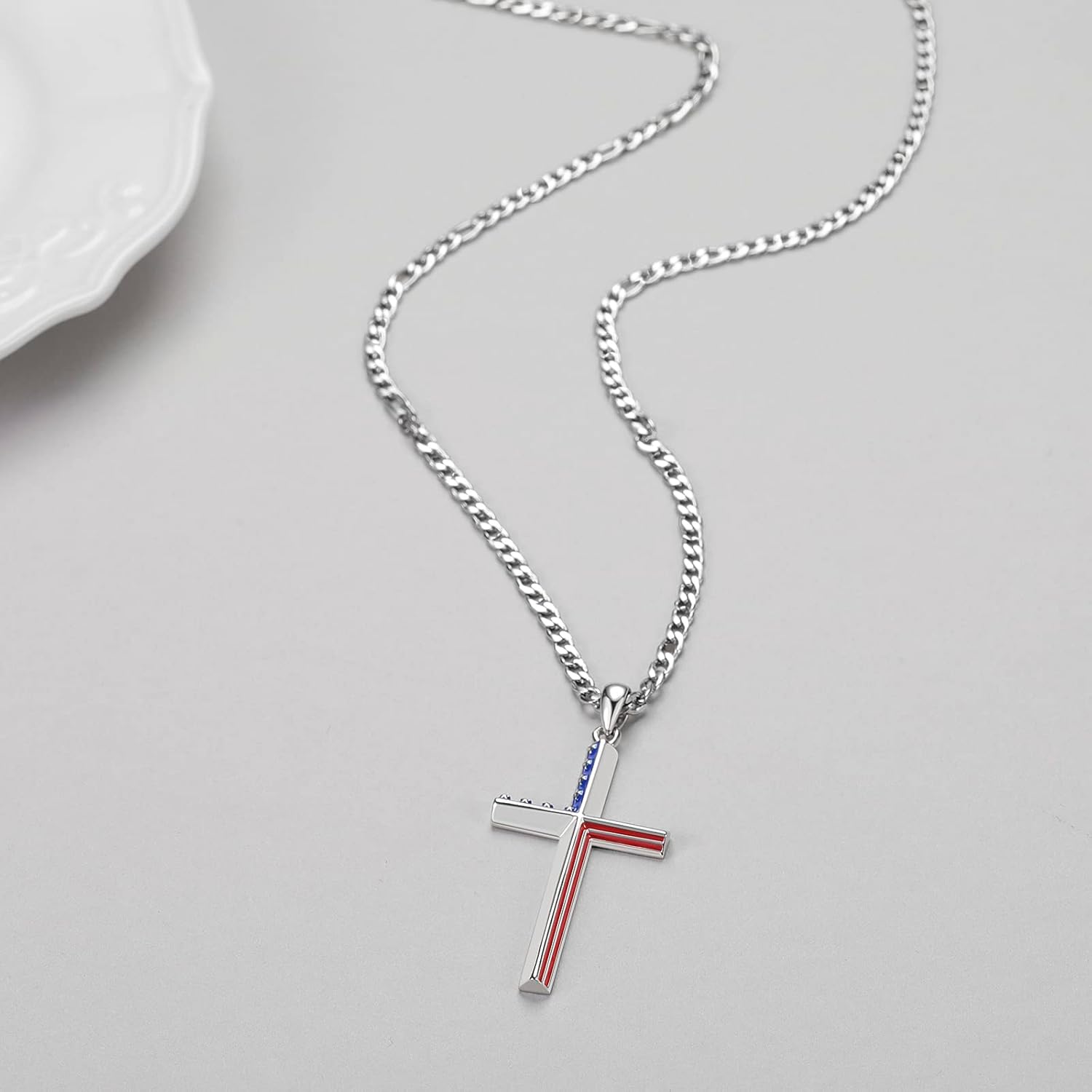 925 Sterling Silver American Flag Cross Pendant with Stainless Steel Chain 22+2 Inch