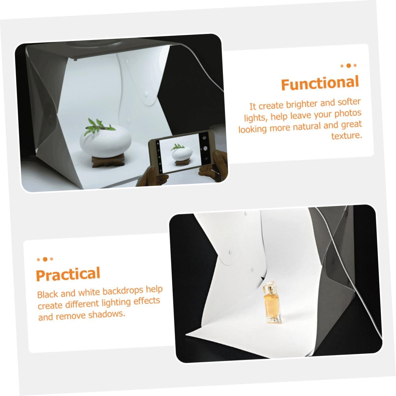 Portable 30cm Mini LED Photography Light Box Kit with Soft Diffusion Lighting, Black and White Backdrops, Photo Light Tent for Product Studio Shooting