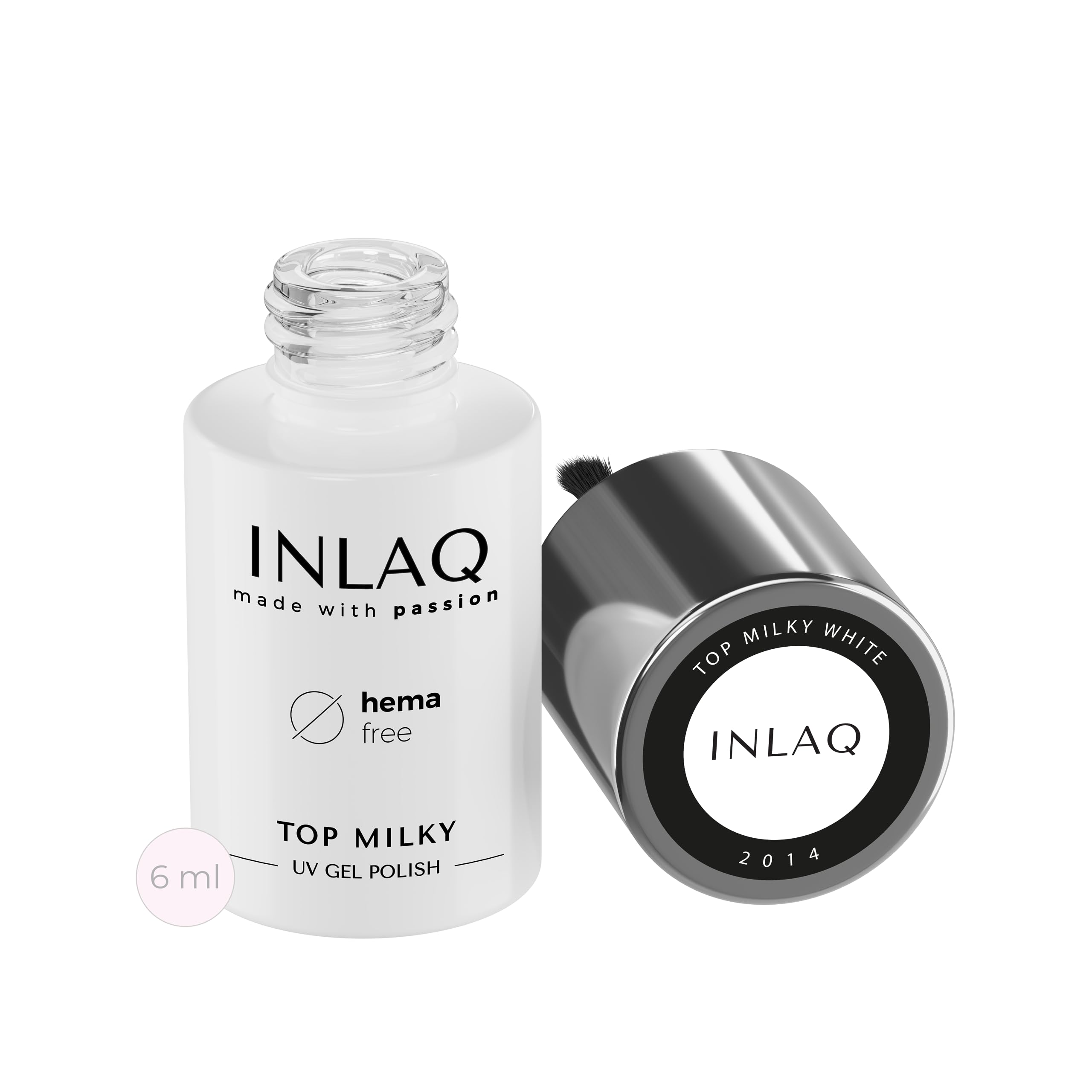 INLAQ® HEMA Free Top Milky White Coat 6 ml - Żelowy lakier UV Top Coat z mlecznym kolorem, 20% krycia Baby Boomer – Żelowy lakier nawierzchniowy Top Coat bez Hema i Di Hema…