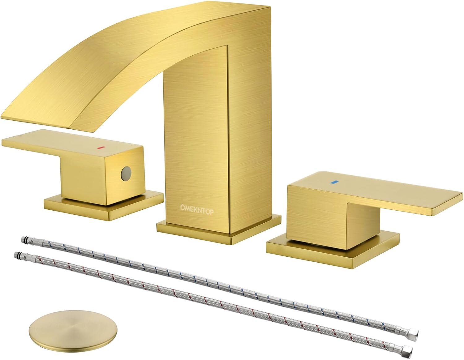Bathroom Faucet Brushed Gold, OMEKNTOP 8 Inch Waterfall Bathroom Sink Faucet 3 Hole, Widespread Bathroom Faucet with Pop Up Drain and Hose, Two Handles Bathroom Faucet for Basin Lavatory Vanity Thumbnail