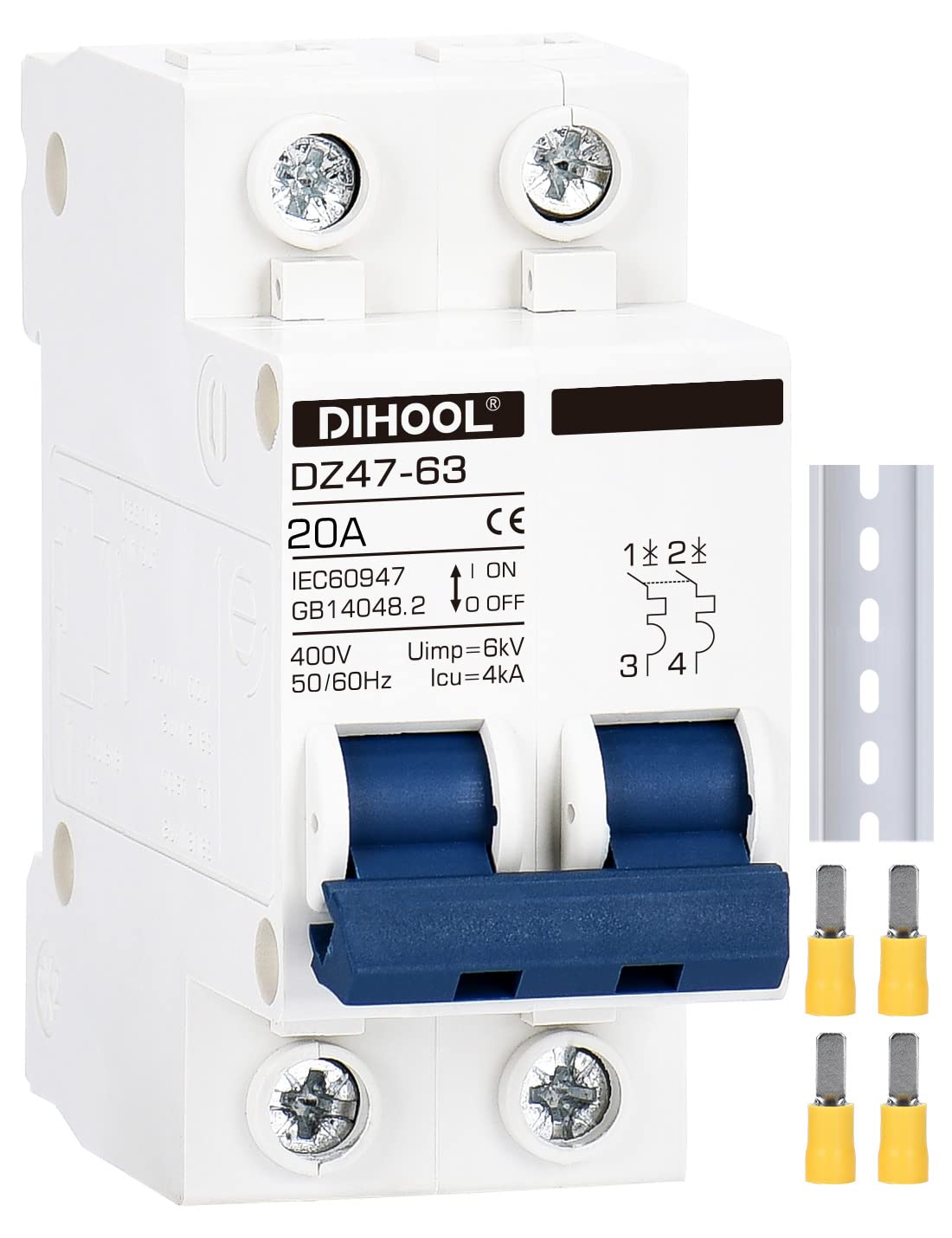 DIHOOLMiniature Circuit Breaker MCB, 2 Pole, 20Amp,230VAC,Type C