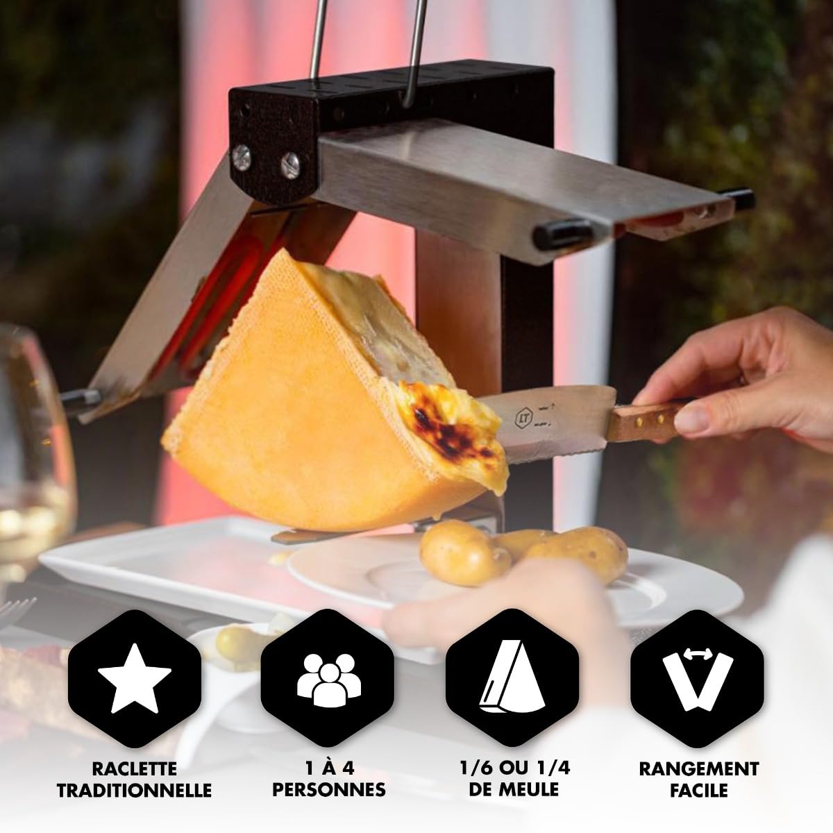 Louis Tellier - Appareil raclette traditionnel Brézière Premium + couteau | Fabriqué en France ; 2 à 6 pers 1000W, rampes réglables 1/6 ou 1/4 meule ; pliable, couteau raclette inclus