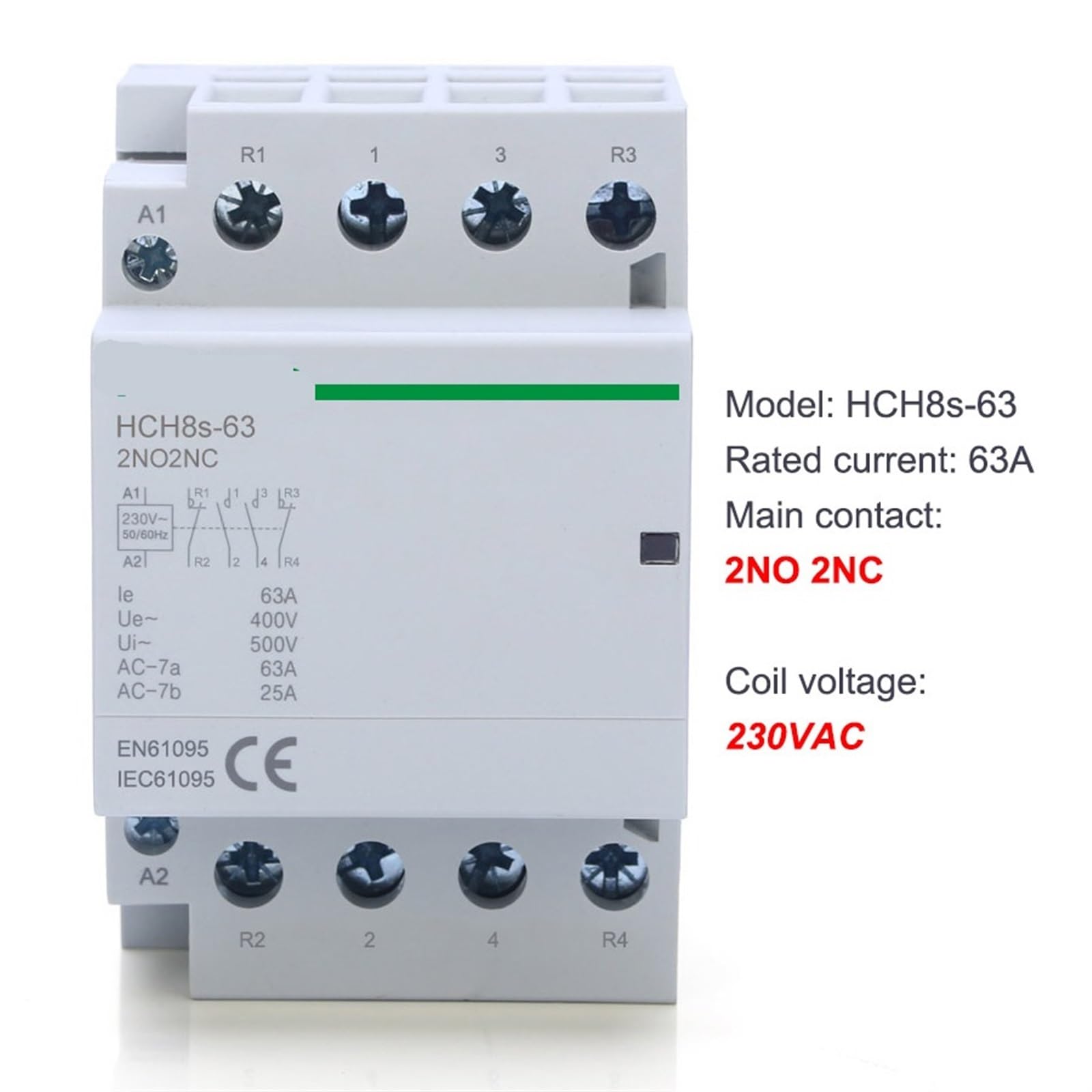 Stycznik modułowy HCH8s-63 50 Hz 60 Hz 4P 63 A 4 NO 4 NC 2 NC 220 V 110 V 24 V DC Automatyczny do użytku domowego 1 szt. (4P 63A 2NO2NC AC230V)