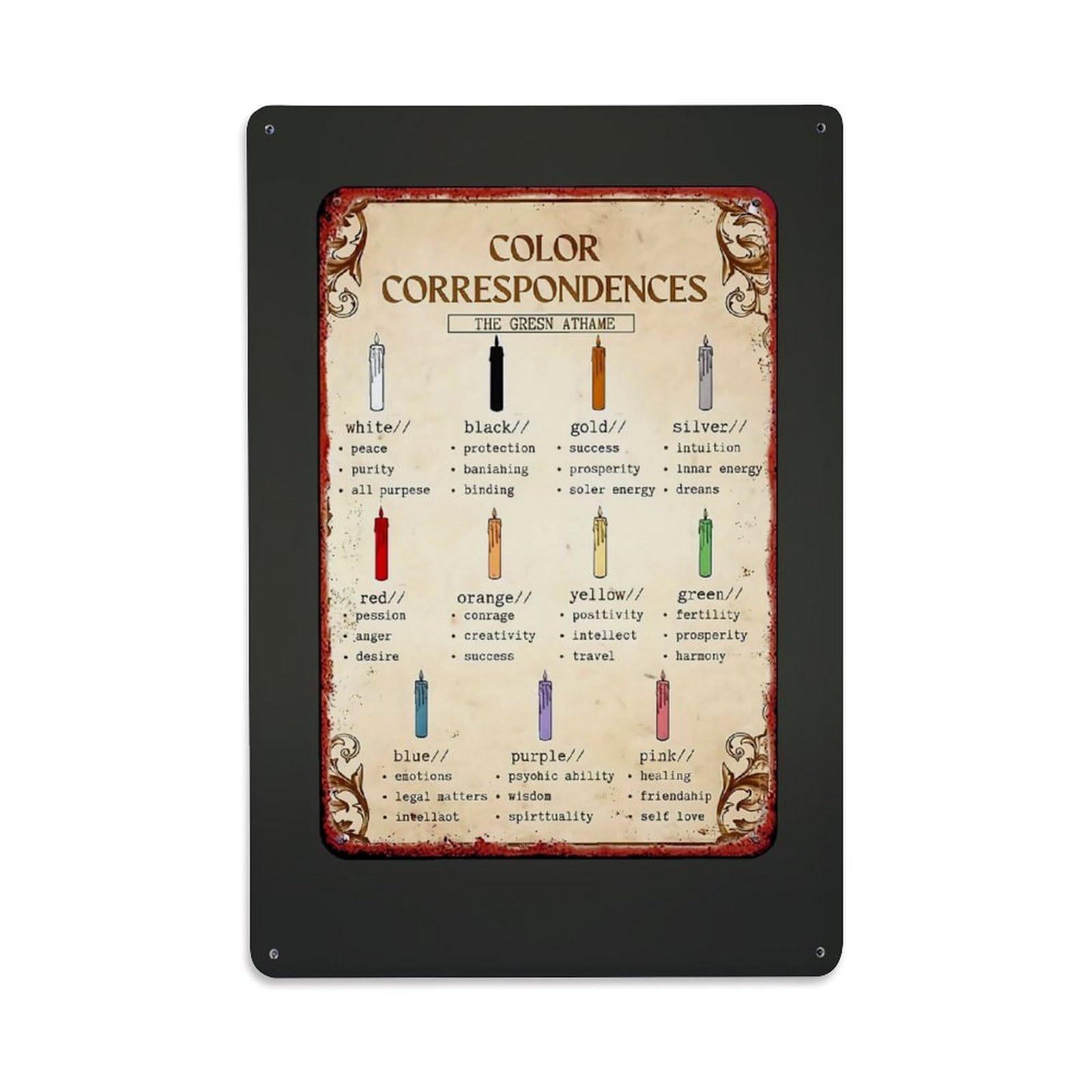 Jdfenggu Vintage Color Correspondences Candle Chart Retro Metal Tin Sign, Decor Art Poster For Bar, Home, Man Cave, Kitchen, Laundry Room Gift 8X12inch