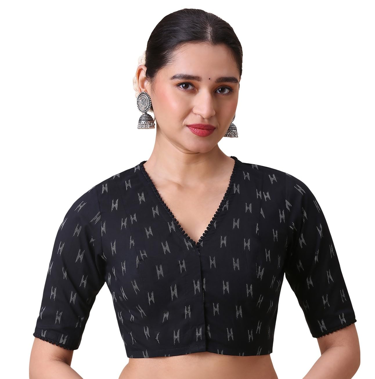 studio shringaar Women's Black Cotton Handloom Ikat Readymade Saree Blouse-picture-37