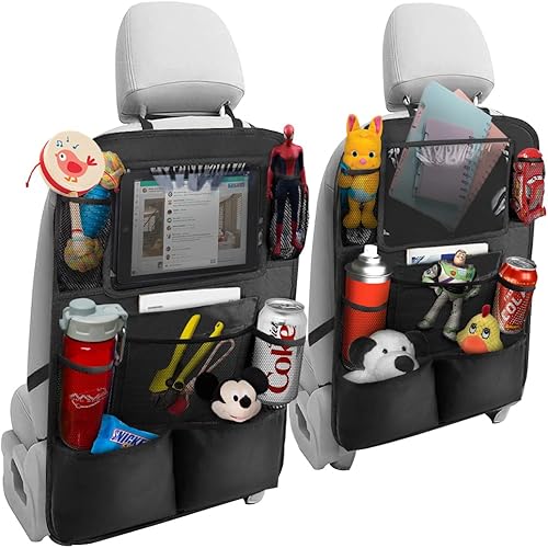 Hanemia Paquete de 2 organizadores de respaldo de asiento de automóvil, almacenamiento de asiento trasero con soporte de pantalla táctil, protector
