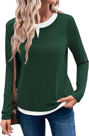 LOLONG Women Fall Long Sleeve Color Block T Shirts 2025 Casual Crew Neck Tops Tees