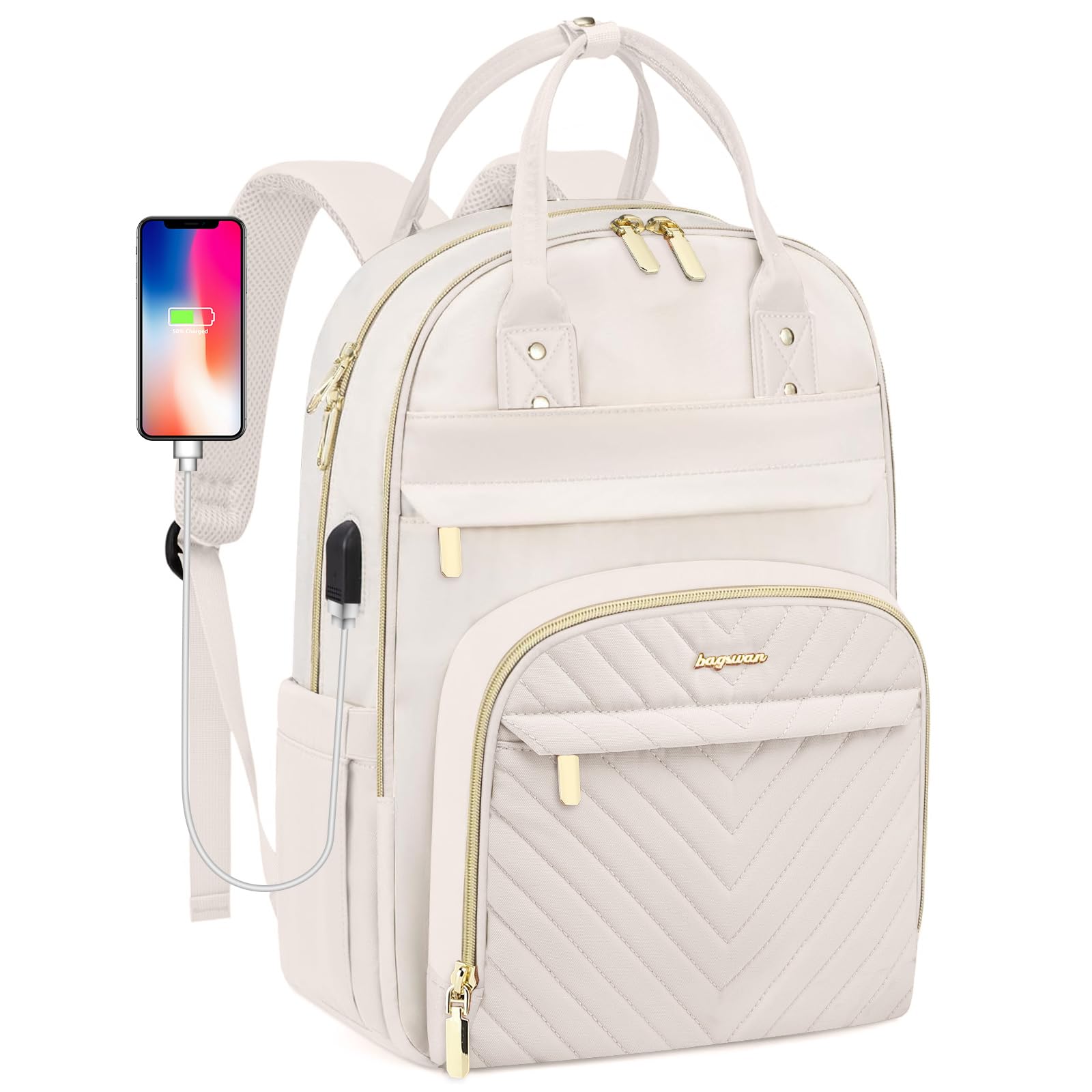 Laptop Backpack for Women Work Bag - 15.6 inch Travel Backpack with USB Charger Business Computer Backpacks for Office College Back pack for Teacher Casual Waterproof Bookbag for Nurses Beige 82-beige 15.6 Inch