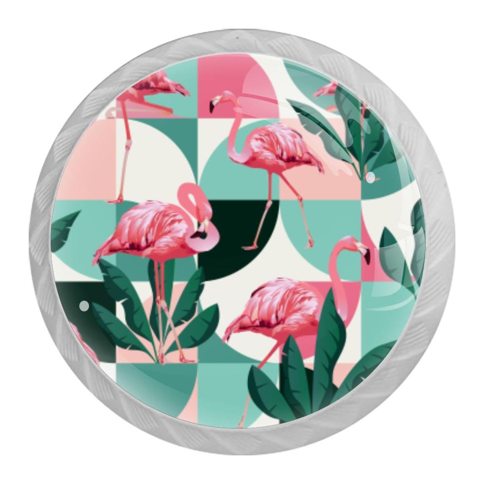 Tqmspg 4 Pieces Drawer Pulls Flamingos Tropical Plants Door Knobs Dresser Handles for Kitchen Wardrobe Cupboard Hardware Furniture