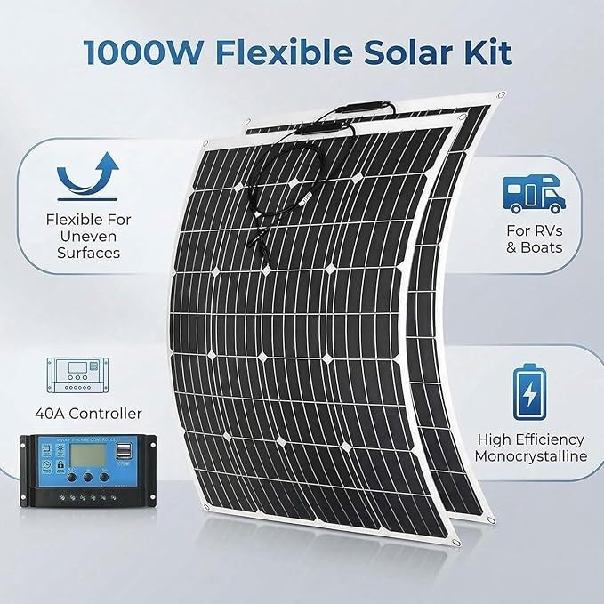 Panel Solar de 1000 Vatios 2 Pcs Kit de Panel Solar Flexible de 500W con Controlador de Carga, Paneles Fotovoltaicos Portátiles Monocristalinos