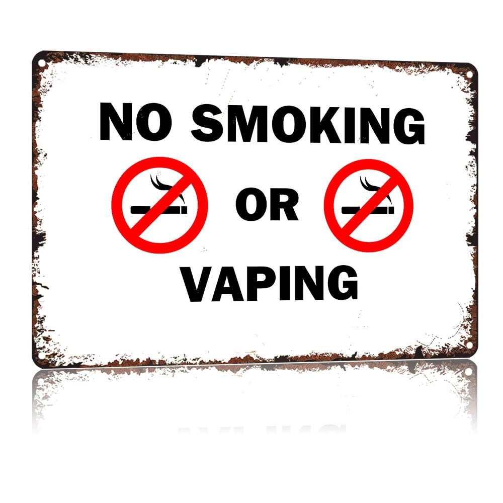 peiyeety NO SMOKING OR VAPING, 12X8in Vintage Aluminum Metal Tin Sign, Rustic Retro Warning Sign for Home Cafe Garage Bar Pub Store Shop Outdoor Wall Decor