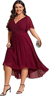 A Line V Neck Chiffon Short Sleeves High Low Knee Length Plus Size Wedding Guest Dresses for Curvy Women 01923-DA