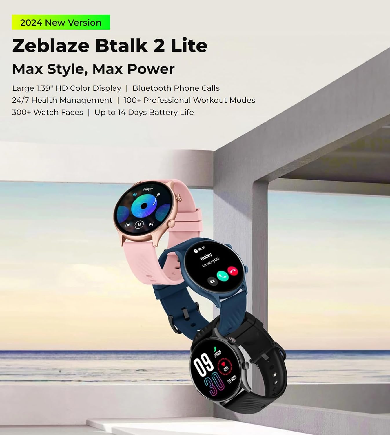 Three Zeblaze Btalk 2 Lite smartwatches in pink, blue, and black, showcasinих дизайн и оформление.