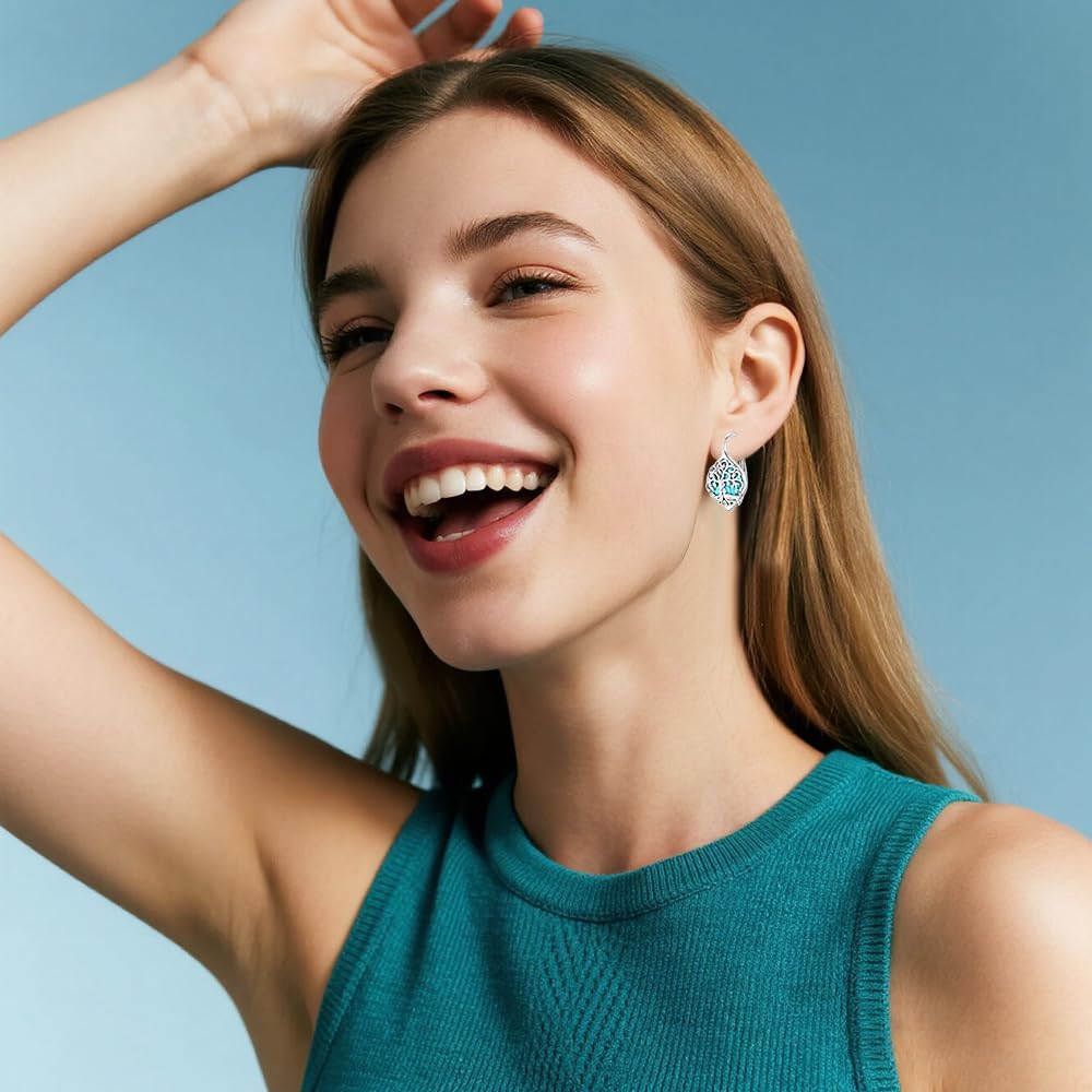 Turquoise Earrings Tree of Life Earrings for Women Sterling Silver Tree of Life Turquoise Jewelry Dangle Drop Leverback Gifts - Image 3