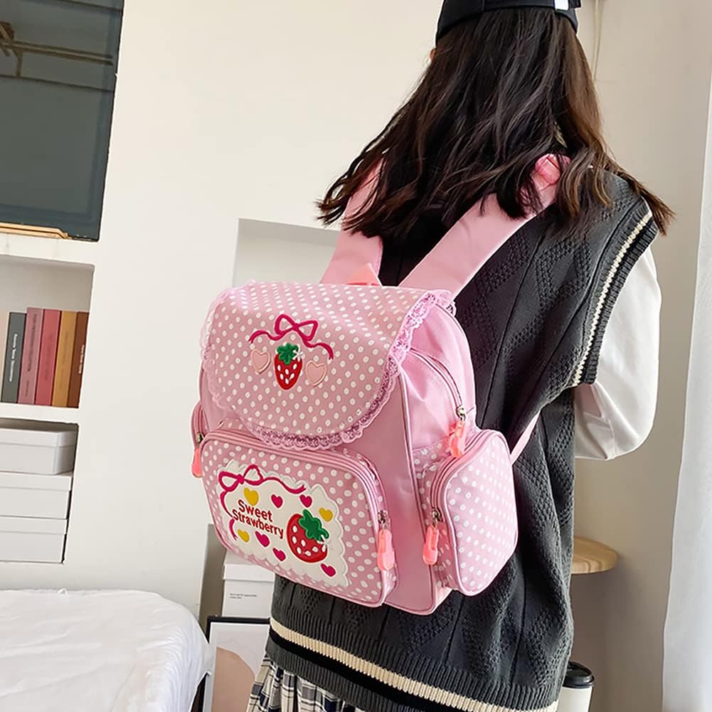 Lovemore Kawaii Embroidery Strawberry Backpack for Girl Teen Student School Bag Satchel Cute Pink Lace JK Backpack
