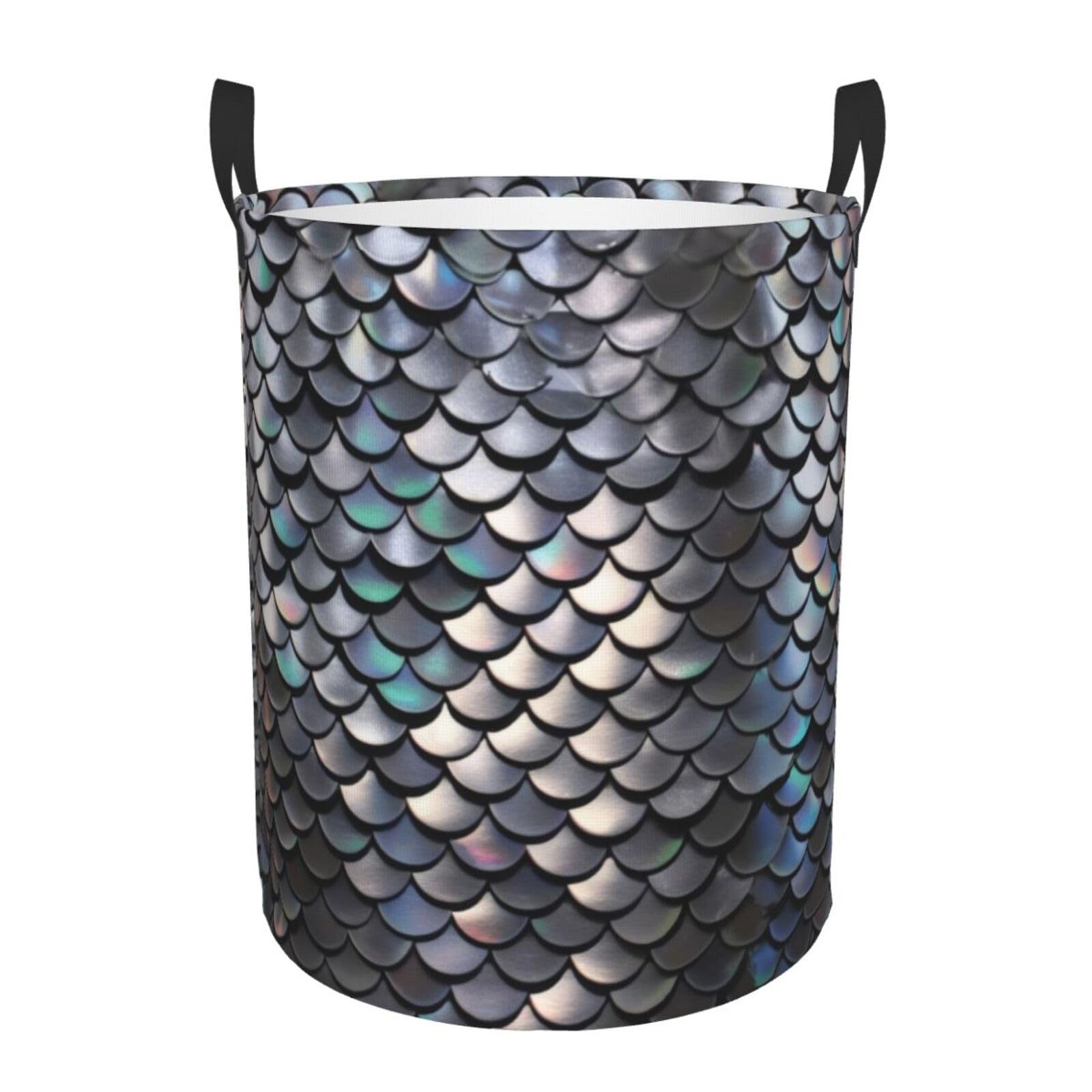 Circular Laundry Basket/Silver Fish Scale/Foldable Dirty Clothes Storage Hamper, With Handles, Water Resistant, For Bedroom Bathroom Storage Bins 50x40cm