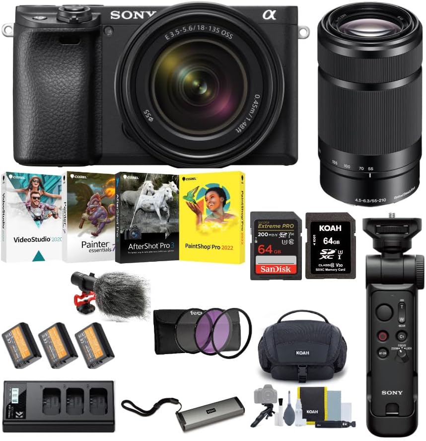Sony a6400 Mirrorless Digital Camera Bundle: 18-135mm Lens, 55-210mm Lens, Accessories Bundle (11 Items)