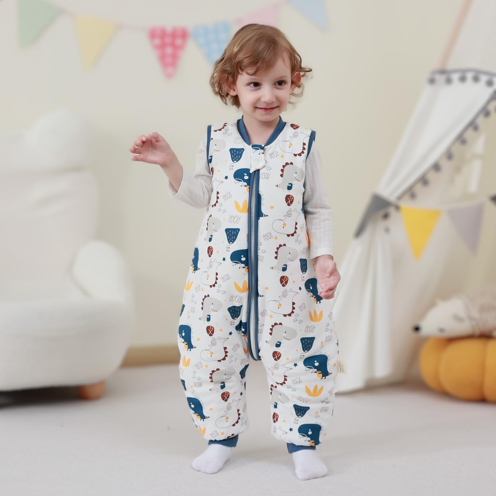 MIKAFEN Bambini Sacco nanna invernale con gambe 2,5 Tog,100% cotone,Sacco nanna con piedini,85-95 cm/18-36 mesi,Dinosauro