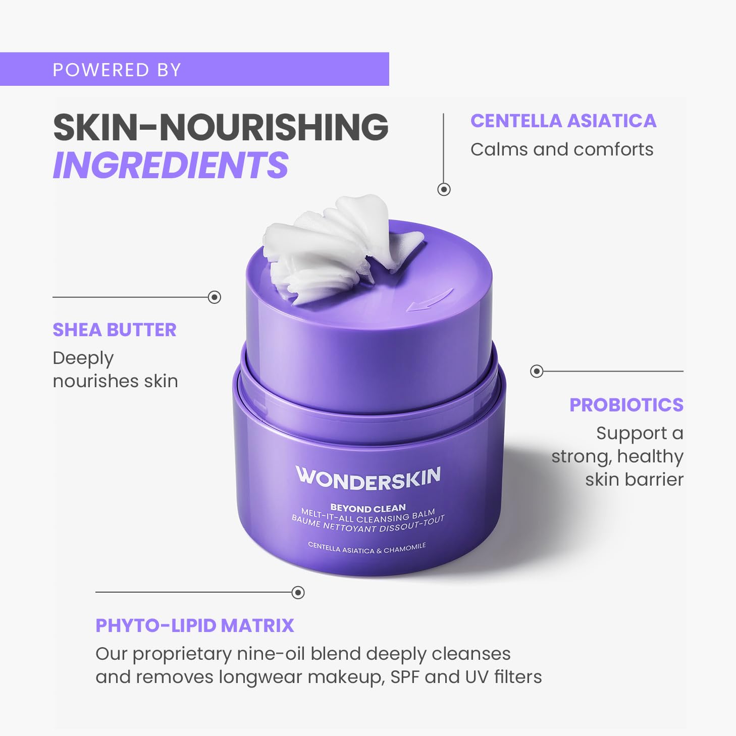 Wonderskin Cleansing Balm - Balsamo Detergente che si Scioglie Trasformandosi in Latte Struccante, Detergente Viso Delicato e Idratante con Centella Asiatica e Camomilla
