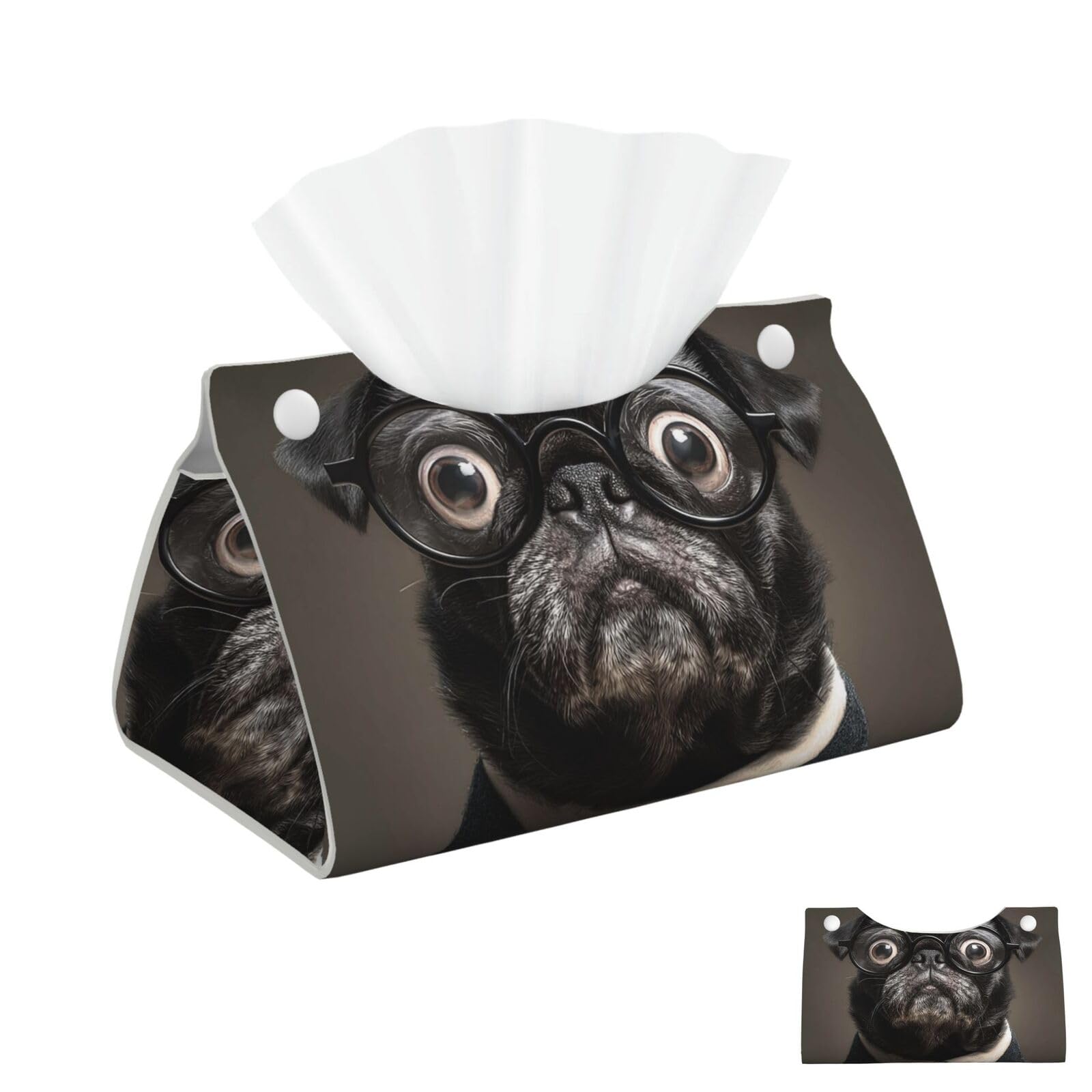 Tissue Box Cover PU Leather Funny Pug Dog Square Tissue Case Decorative Paper Holder Facial Paper Organizer Dispenser for Kitchen Bathroom