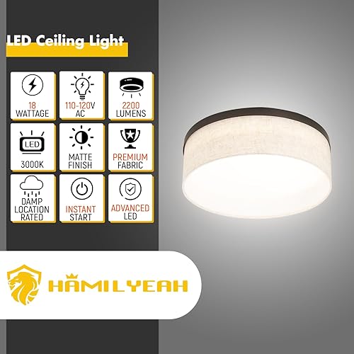 Miniatura 2 de Hamilyeah Lámpara de techo empotrada con pantalla de tela blanca, iluminación LED cercana al techo de 18 W, moderna lámpara redonda de 12 pulgadas