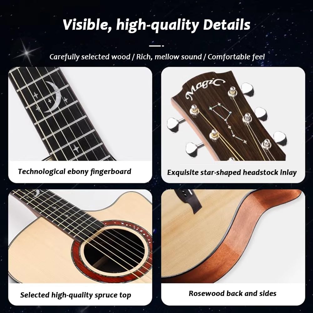 Set chitarra acustica con custodia, accordatore, tracolla, corde, plettri, capotasto per design a spalla mancante