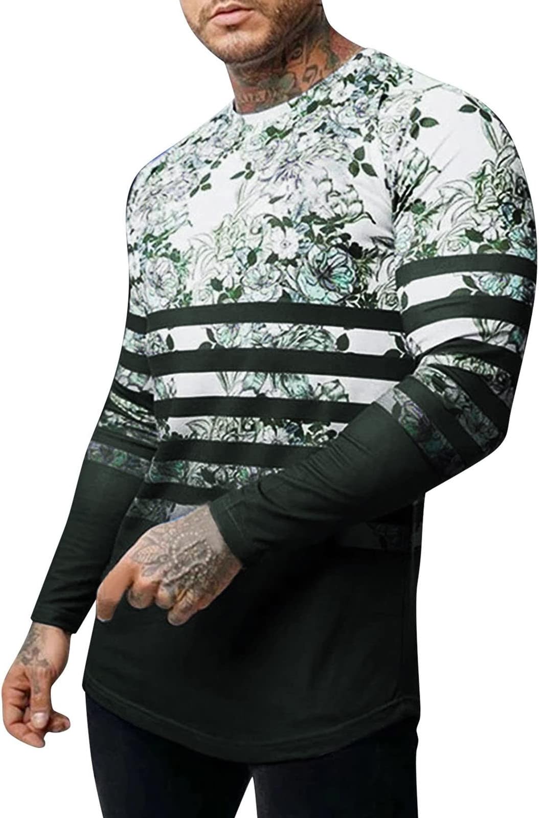 Mens Monogram Dress Shirts T-Shirt Printed Sleeve Autumn Neck Blouse Men's Top Long Slim Casual O Men's Blouse Mens Dress Shirts Long Sleeve