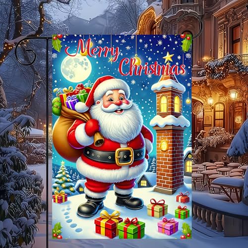 Image of BlissYard Christmas Garden Flag 12x18 Inch Santa Chimney Yard Decor | Double sided polyester, christmas santa chimney scene design, santa themed decor for holiday porch and yard