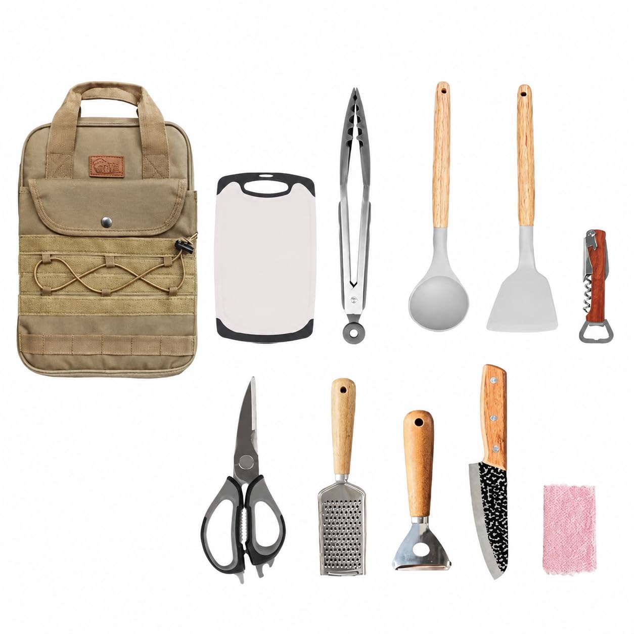 Camping Kochset Edelstahl, Outdoor Küchenset mit robuster 600D Textiltasche, faltbares Besteck, für Motorhome & Picknick