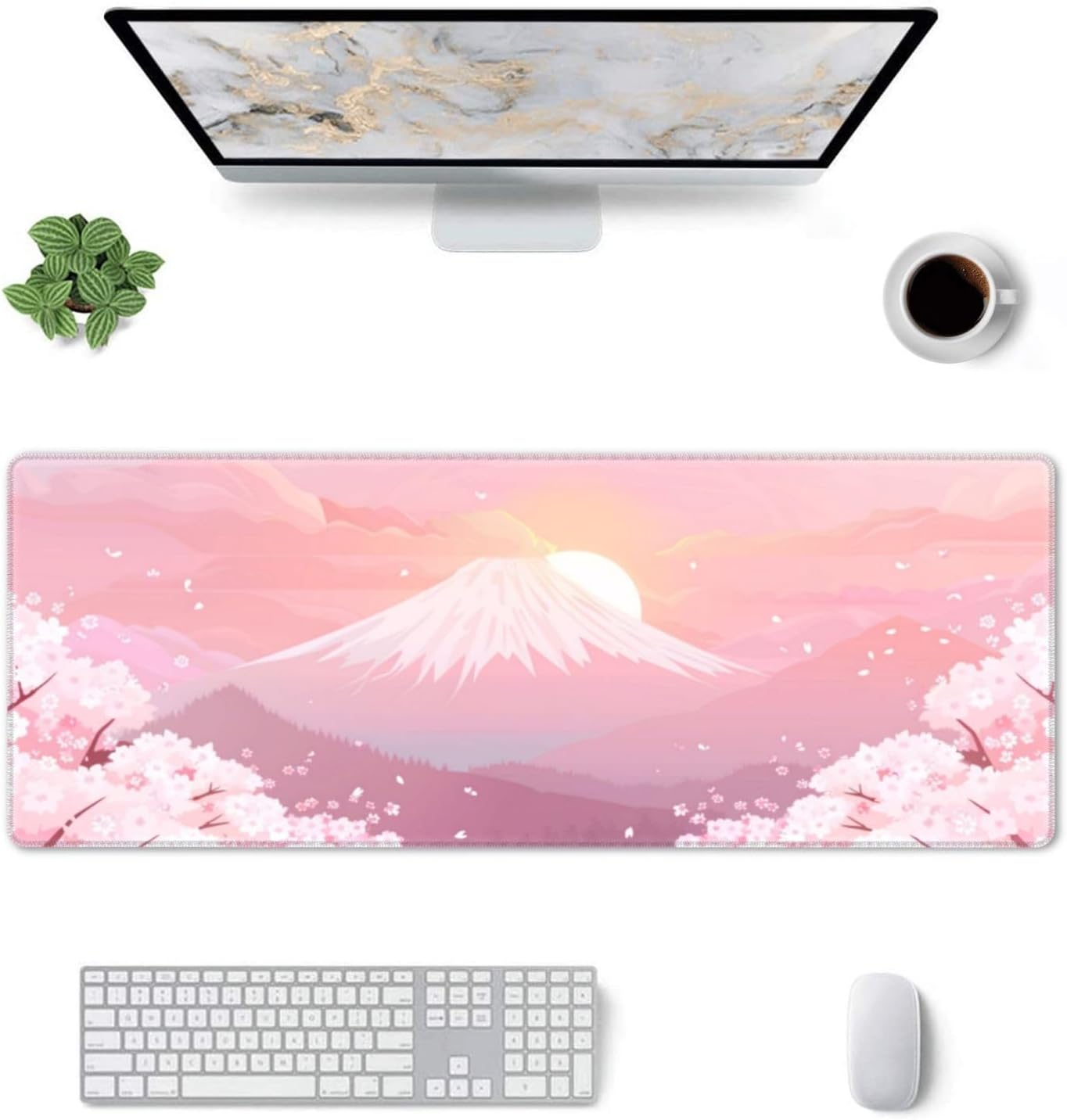 Japanese Cherry Blossom Mount Fuji Mousepad Large Gaming Mouse Pad 31.5x12 INCH Mouse Mat Large Desk Mat Pad Extended Keyboard Mousepad with Non-Slip Base and Stitched Edge