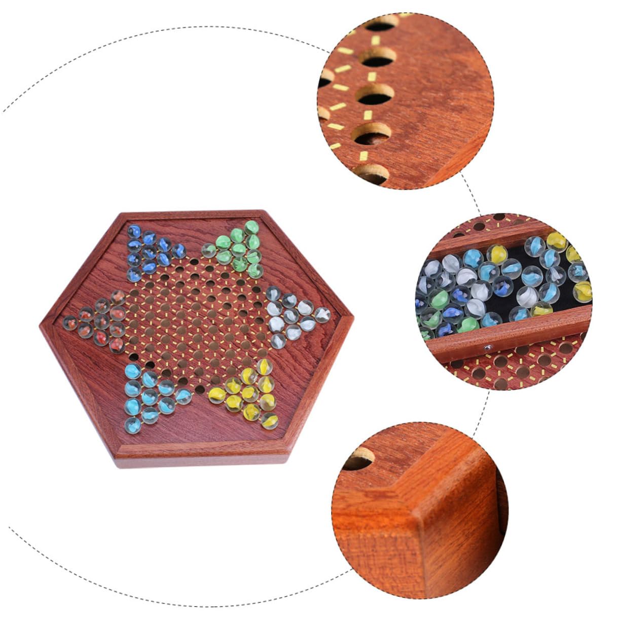 BESTonZON Set da Gioco Marrone e Cassetto Porta Biglie Dama Cinese in Legno Vassoio Esagonale e Pianificazione per Intrattenimento Familiare