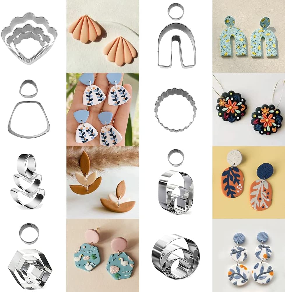 PTFJZ Polymer Clay Cutters for Earring Making 76pcs Clay Tools Set 67 Shapes Stainless Steel Clay Cutters with 8 Circle Shape Cutters 1 Letter Stamp